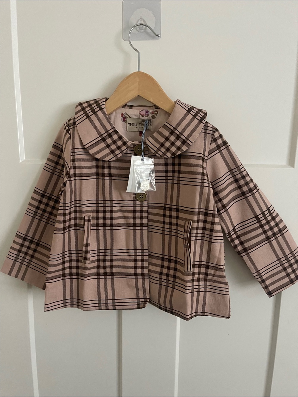 Girls Plaid Pea Coat in Blush Pink